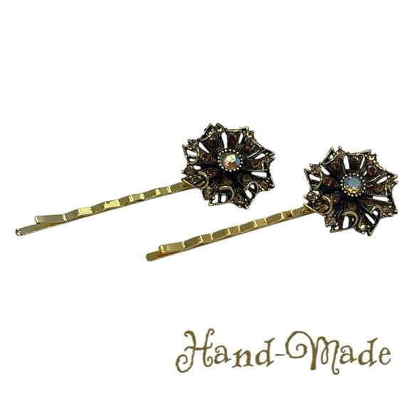 Handmade Amber Brown Rhinestone Set Hair Clips HoCo Wedding Fairy Jewelry NWT - Picture 1 of 6